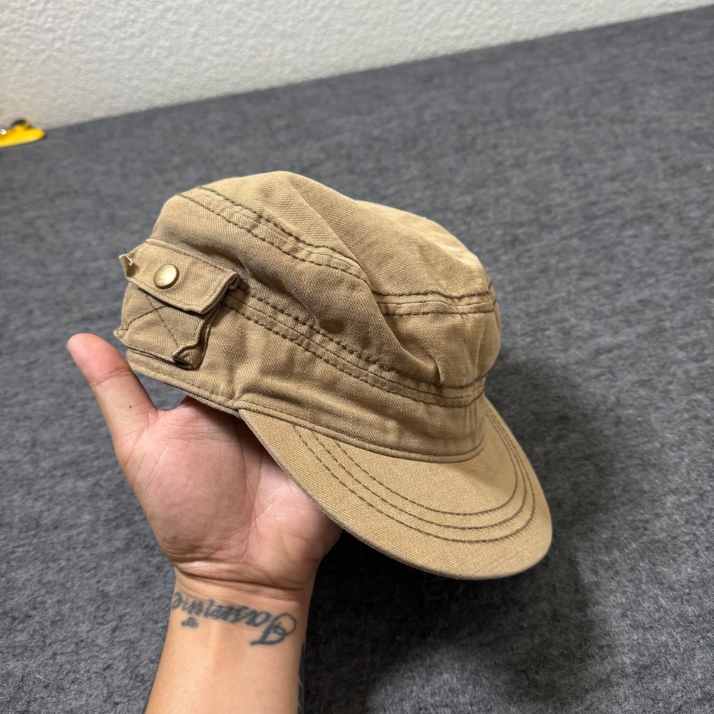VTG Y2K Tan Khaki Cadet Hat Military Style Cap with Side Pocket Detail